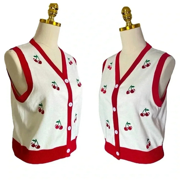 BELLE POQUE Women's White Cherry Coded Embroidered Crop Knit Sweater Vest Size M - Picture 6 of 10